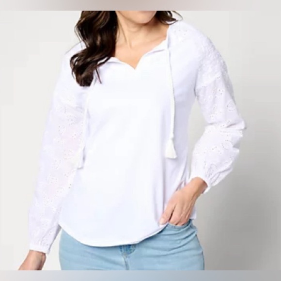 Belle by Kim Gravel Tops - NEW - Belle by Kim Gravel Eyelet Everything Mixed Media Top A637449 White Large